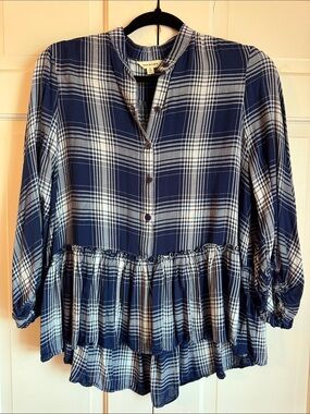 EUC Max Studio Navy and White Plaid Peplum Button Front Top 3/4 Sleeve So Cute!